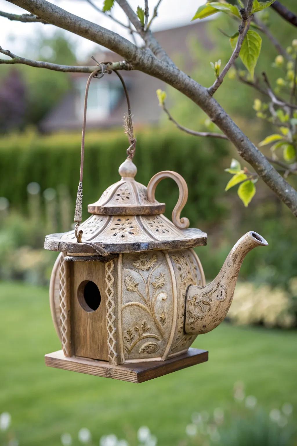 Elevate your garden with this uniquely crafted teapot birdhouse, a perfect blend of whimsy and craftsmanship.