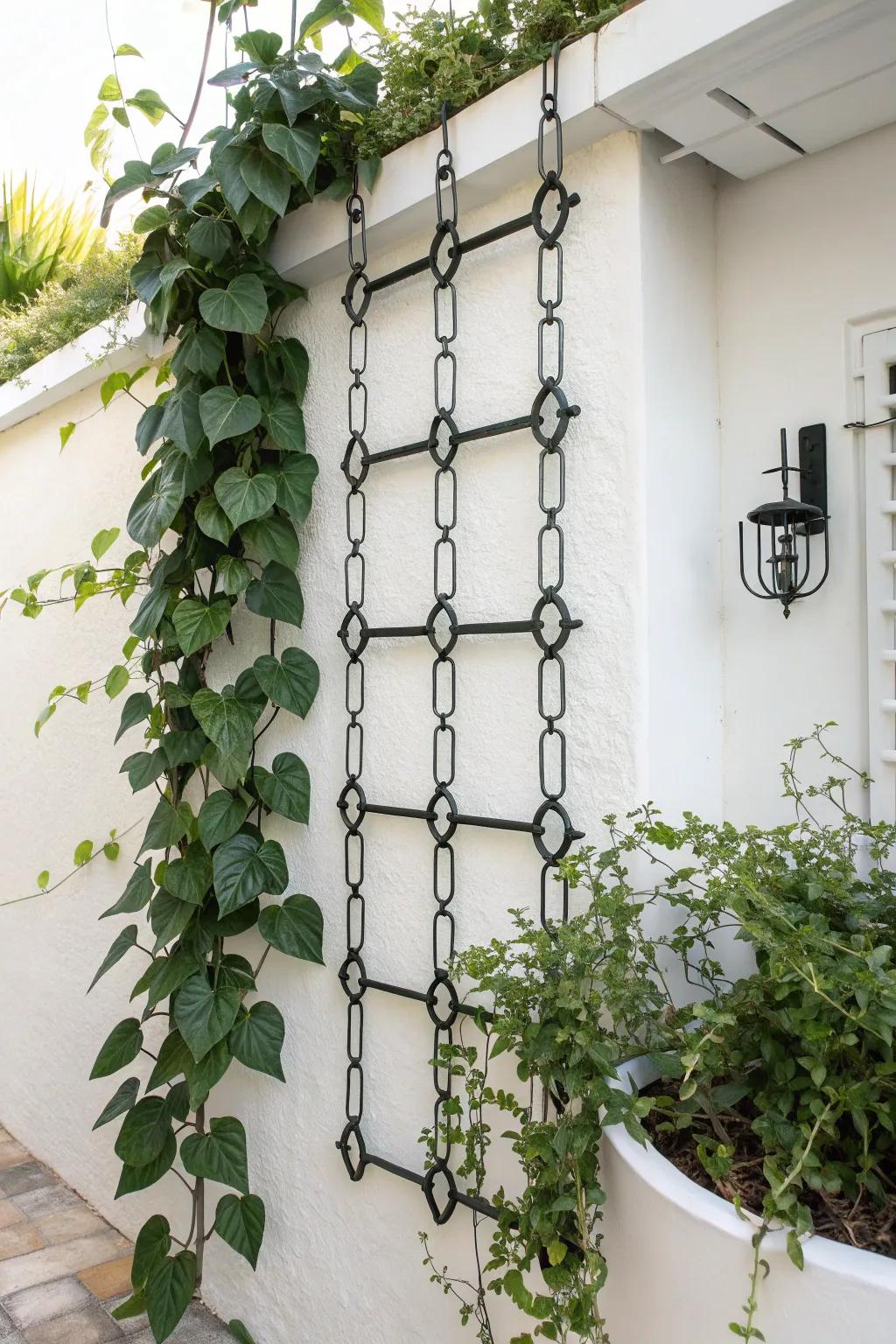 Elevate your indoor garden with a chic chain link trellis, where industrial meets nature in perfect harmony.