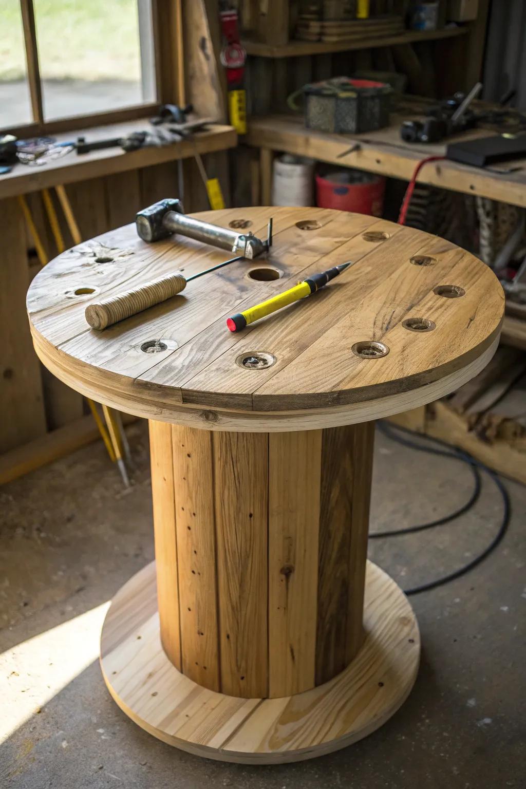 Transforming a wooden spool into the ultimate portable workbench for all your DIY needs.