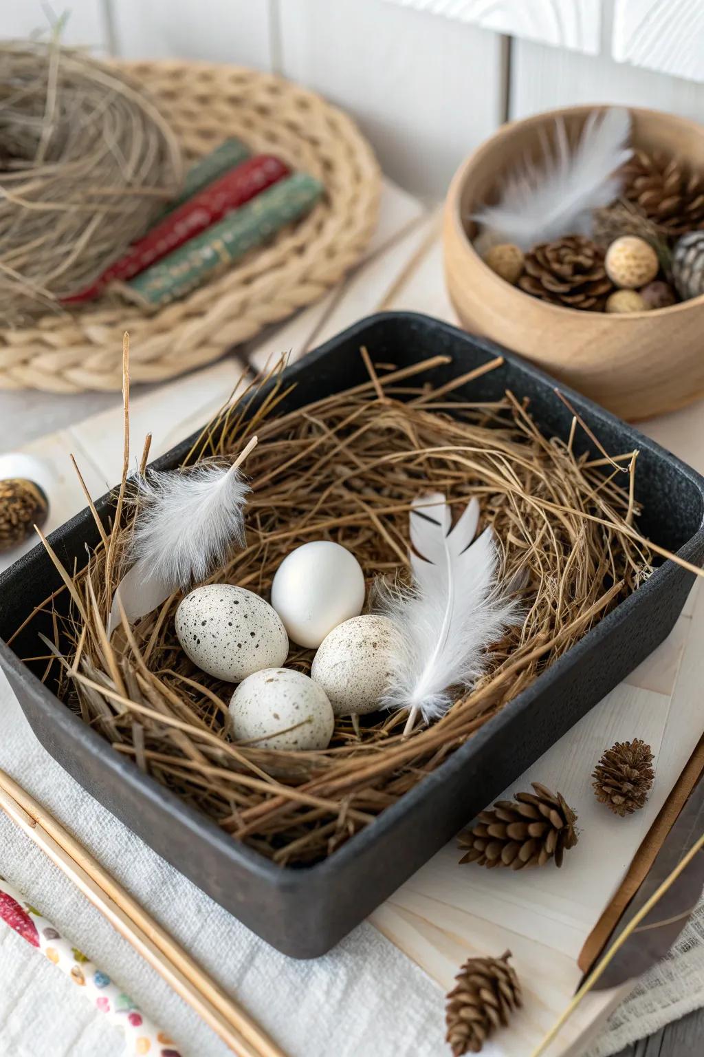 Discover nature's artistry with this enchanting bird's nest sensory bin, where simplicity meets elegance. 🌿✨