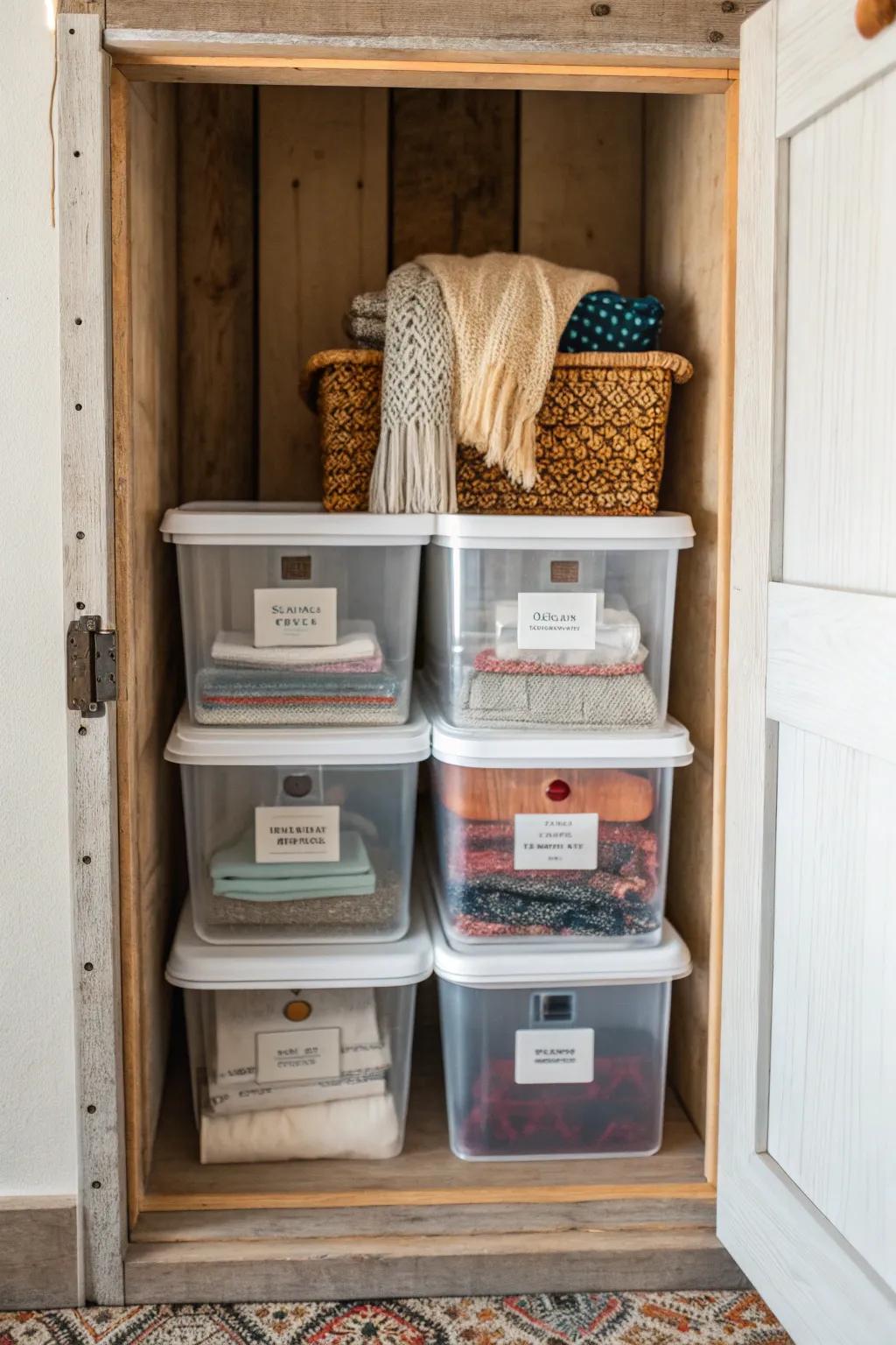 Organize with style: Clear storage boxes bring order and beauty to your small closet space.