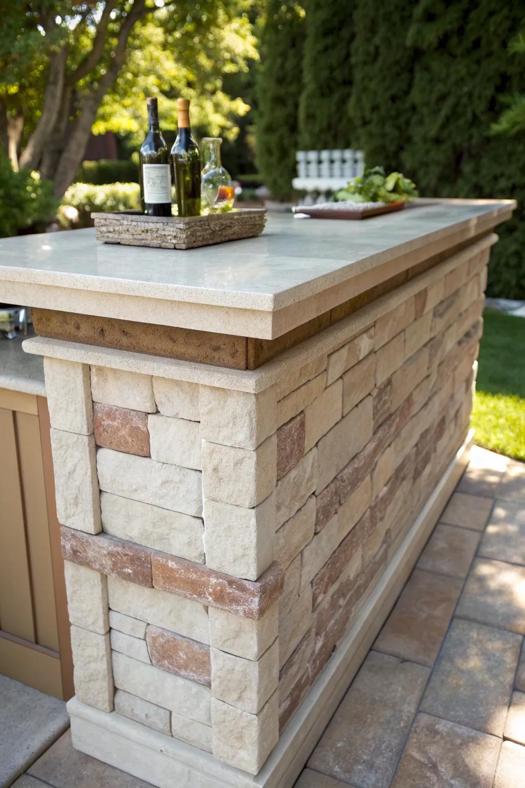 Transform your brick bar with the timeless elegance of faux stone. A weekend upgrade for a stunning outdoor retreat.