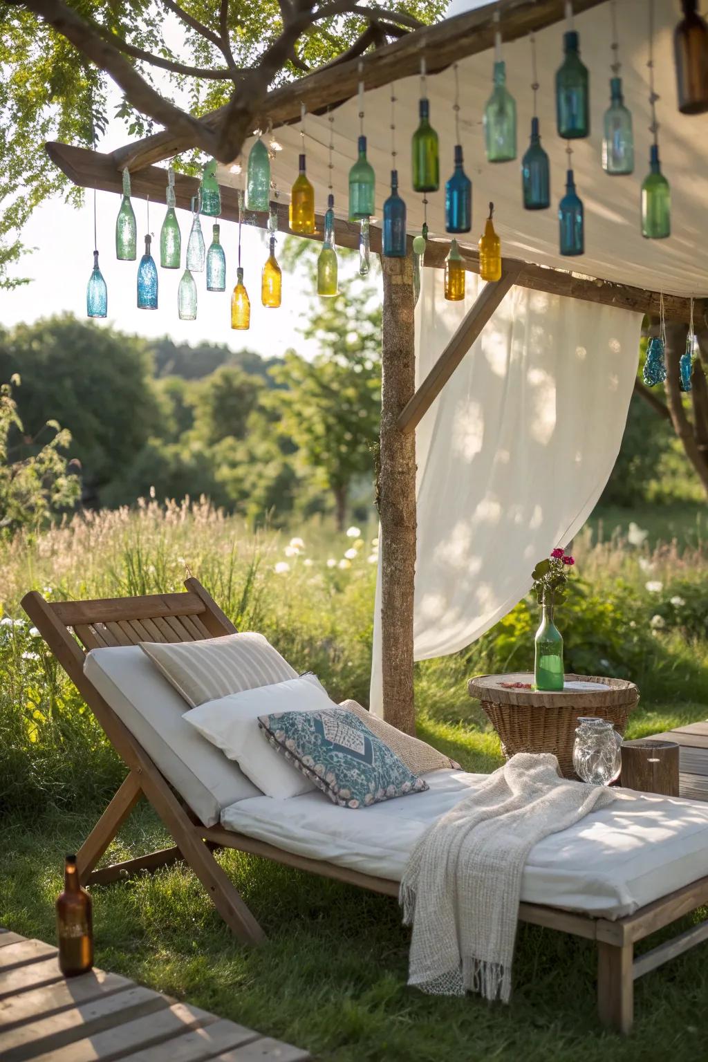 Transform your outdoor space into a vibrant retreat with an upcycled glass bottle canopy. #CraftedBeauty #CozyNook
