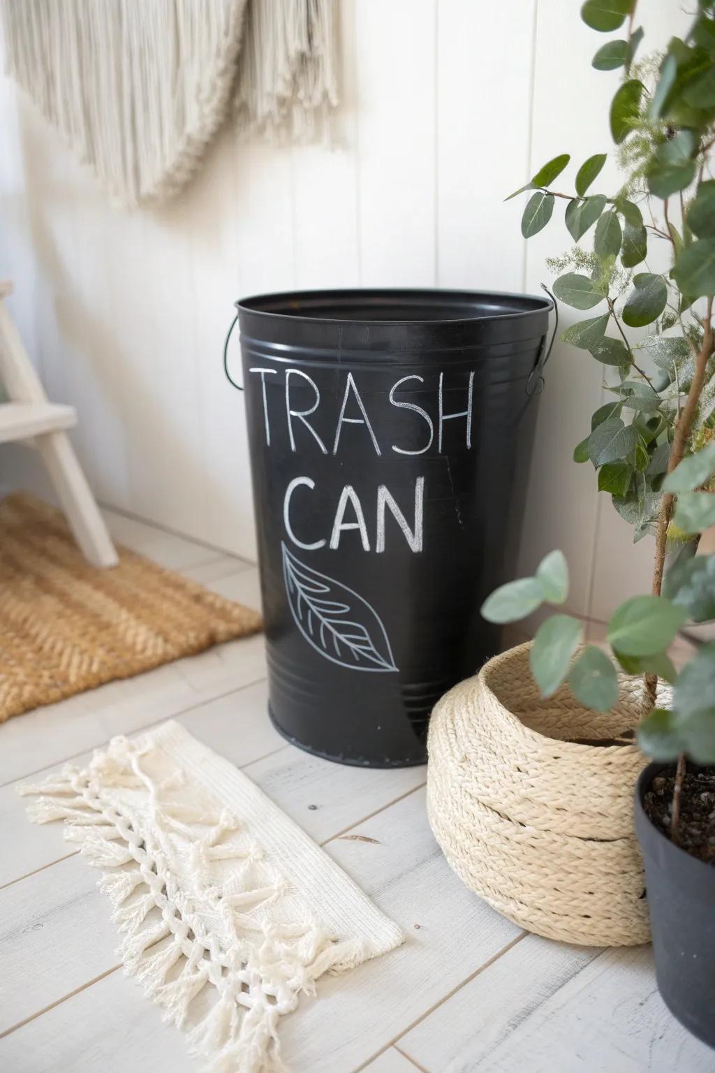 Transform everyday essentials into art with this chic DIY chalkboard trash can.