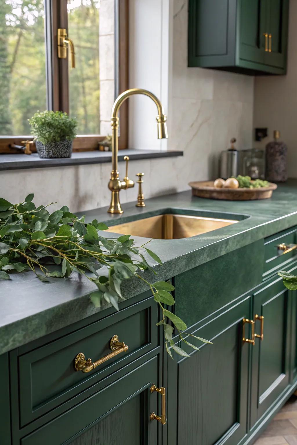 Transform your kitchen with a deep forest green countertop for a touch of elegance and style.