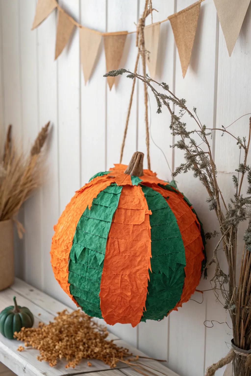 Add a touch of playful elegance to your Halloween décor with this handcrafted pumpkin piñata, blending minimalist Scandinavian charm with bold Boho flair.