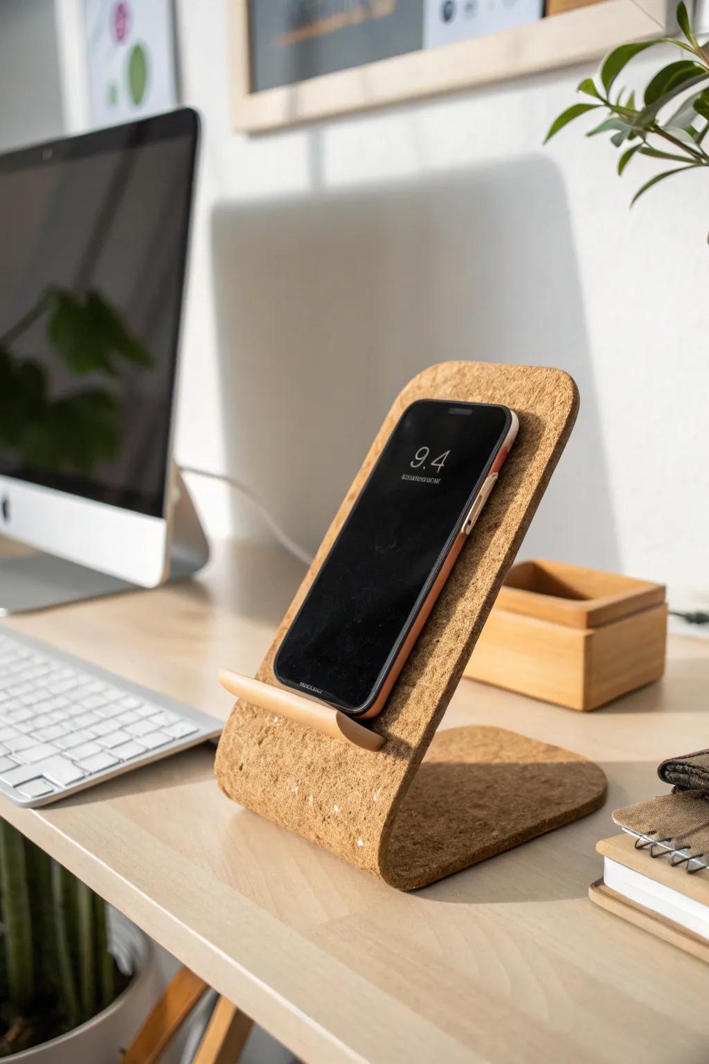 Sustainable elegance: a cork board phone stand that blends minimalism with nature.