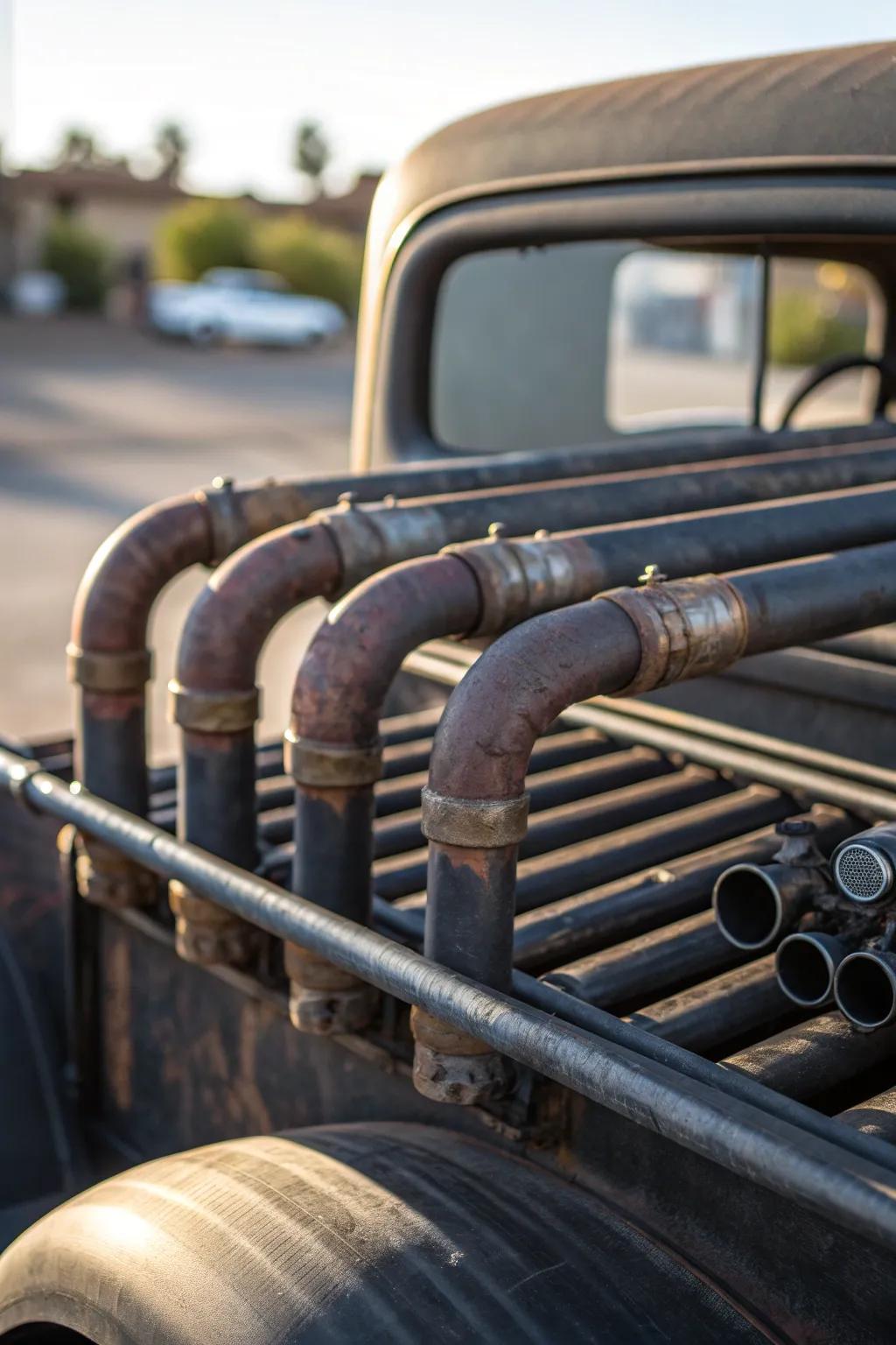 Elevate your rat rod with an industrial pipe masterpiece. #Craftsmanship #RatRodStyle