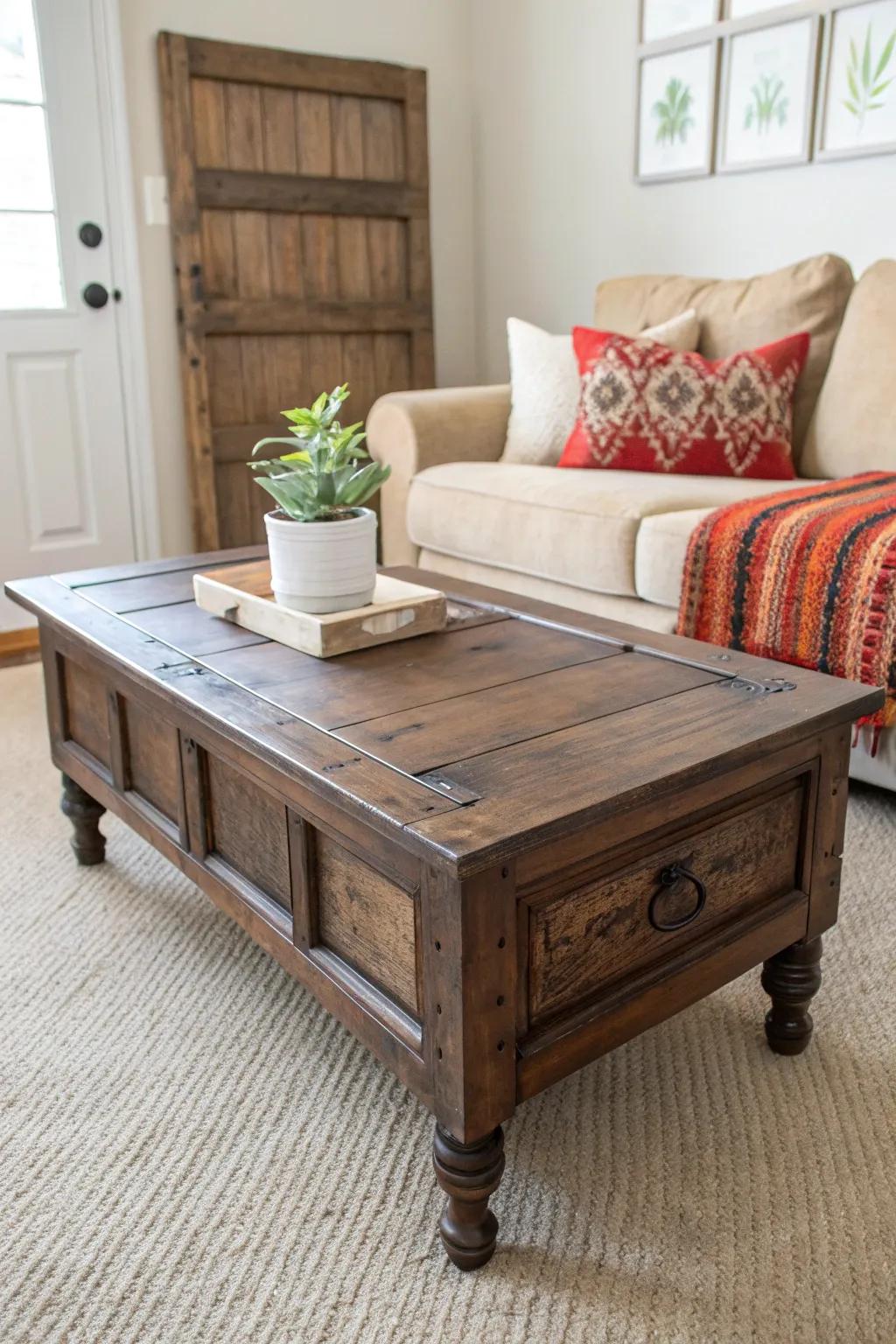 Transform your space with a rustic coffee table crafted from repurposed cabinet doors – where simplicity meets artistry. #ScandinavianBoho #CraftedBeauty