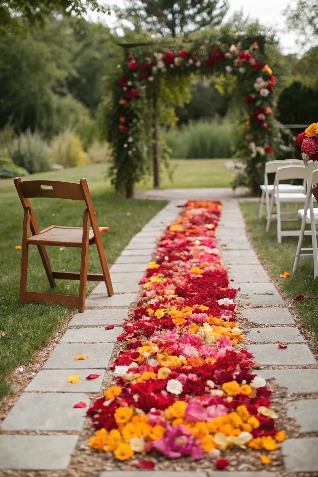 Follow the Petal Pathway: Nature's vibrant carpet leads you to a serene spot of tranquility.
