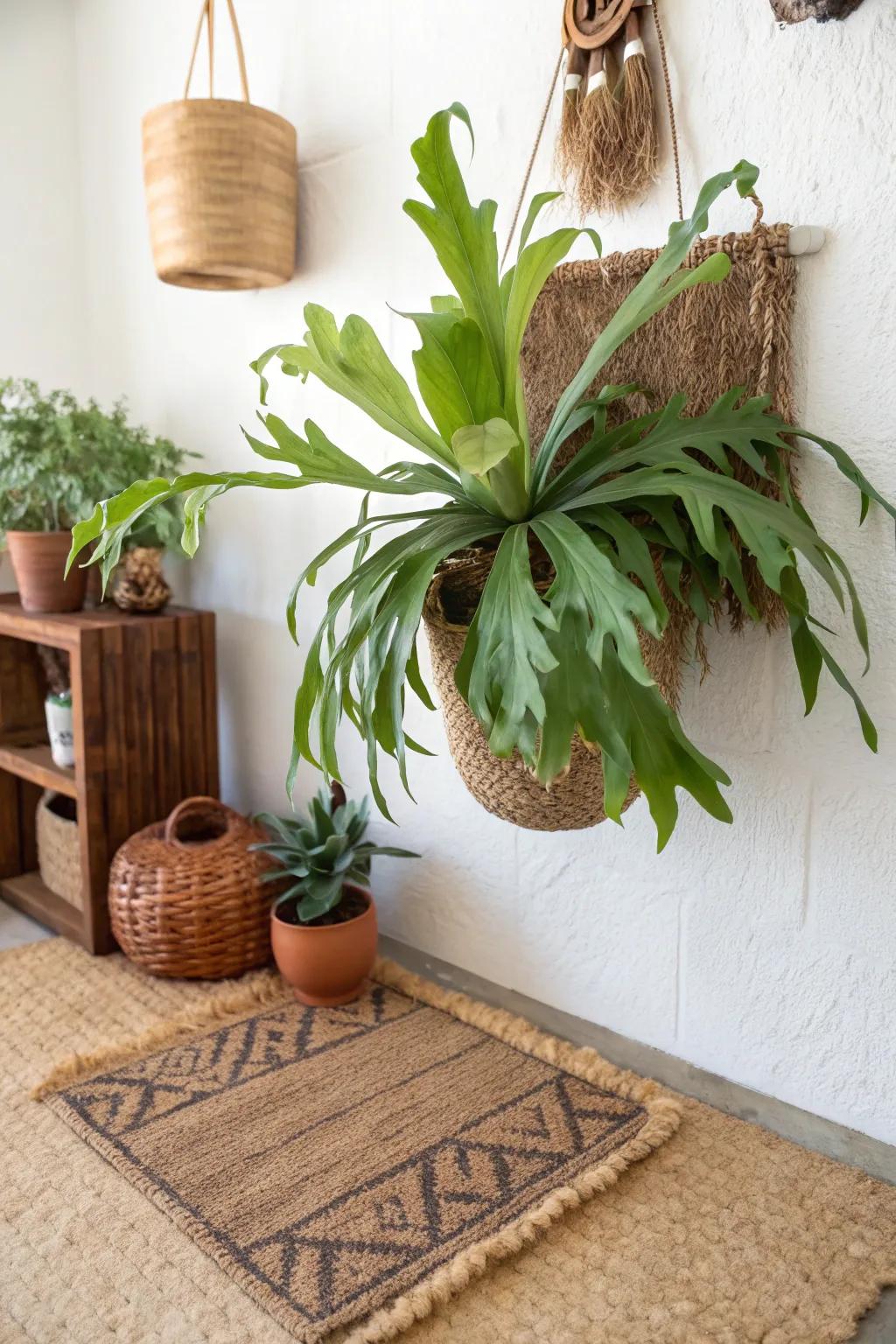 Elevate your space with this stunning staghorn fern mounted on a coir mat, where minimalist design meets boho charm.