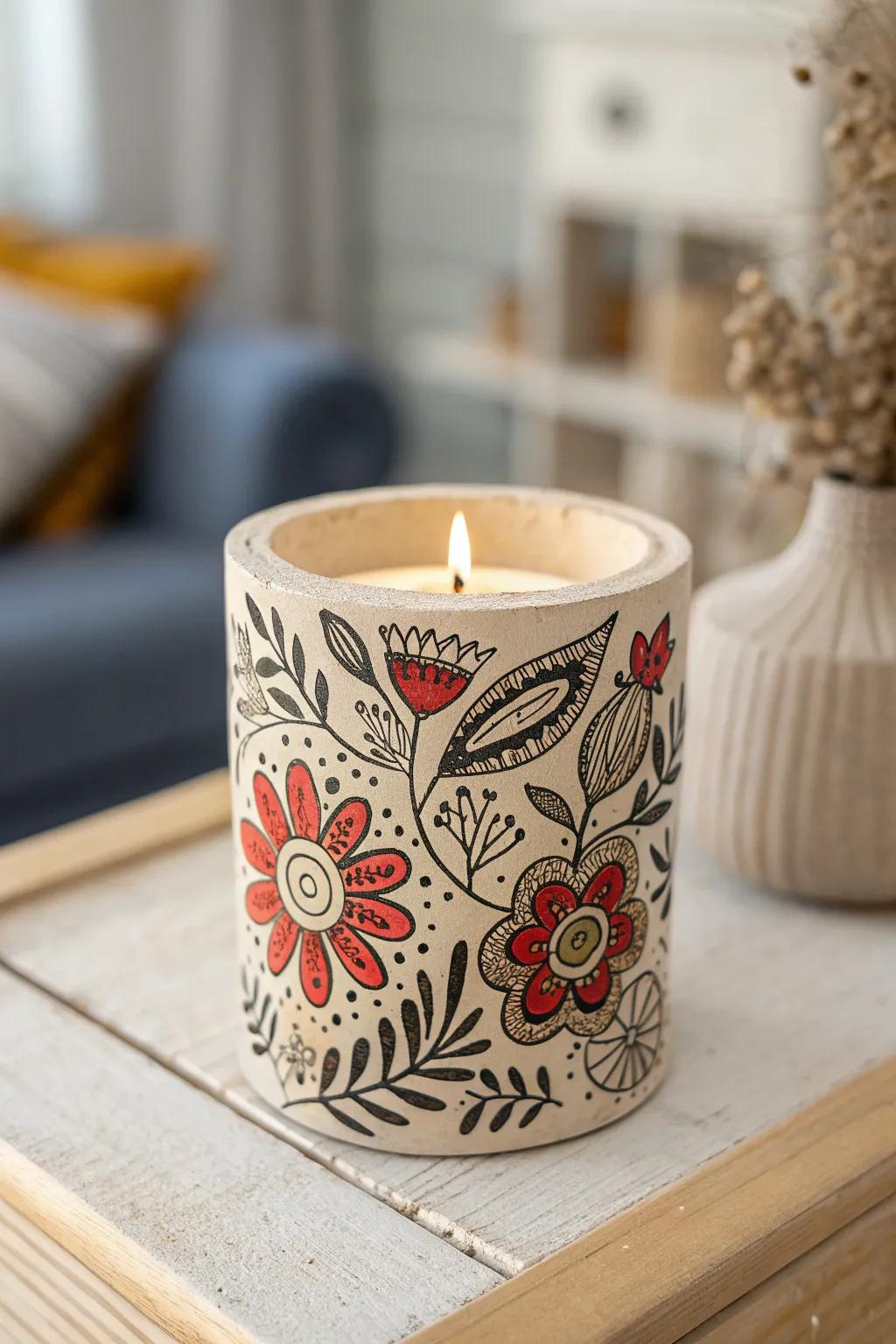Illuminate your space with the cozy charm of a handcrafted, floral-stamped candle holder.