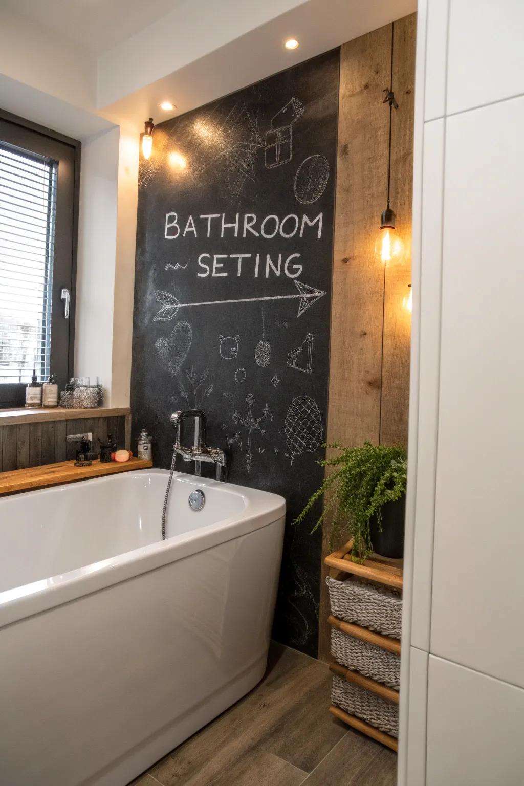 Elevate your bathroom decor with a creative chalkboard tub panel – where functionality meets playful design.
