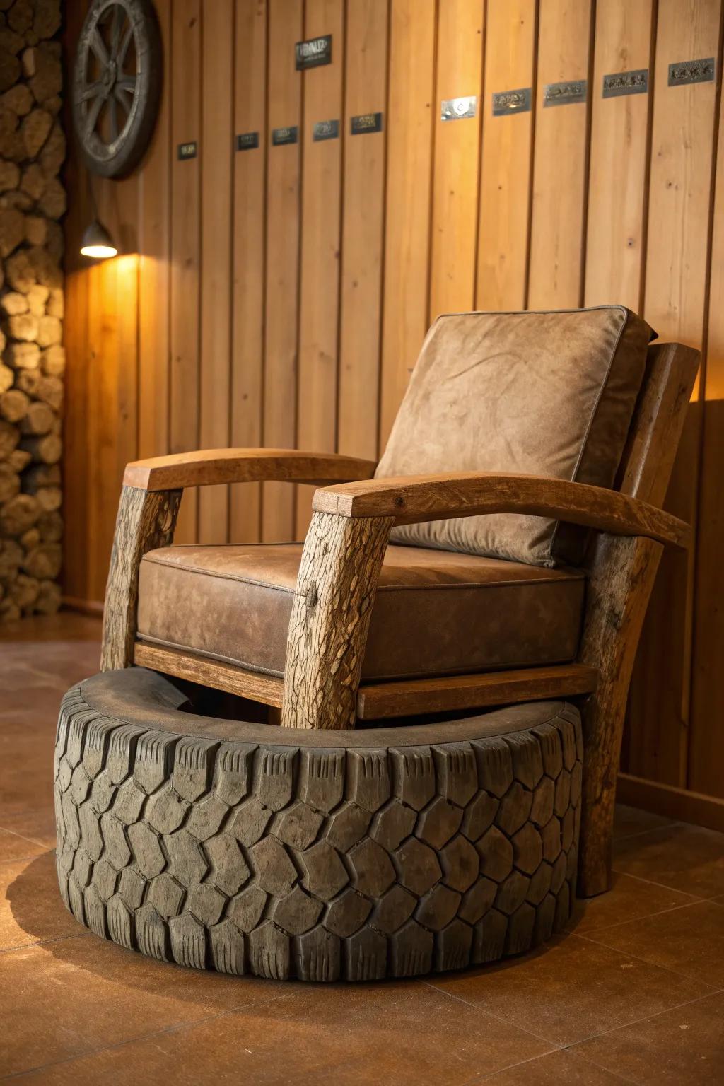 Discover the perfect blend of rugged charm and cozy comfort with this rustic tire armchair.