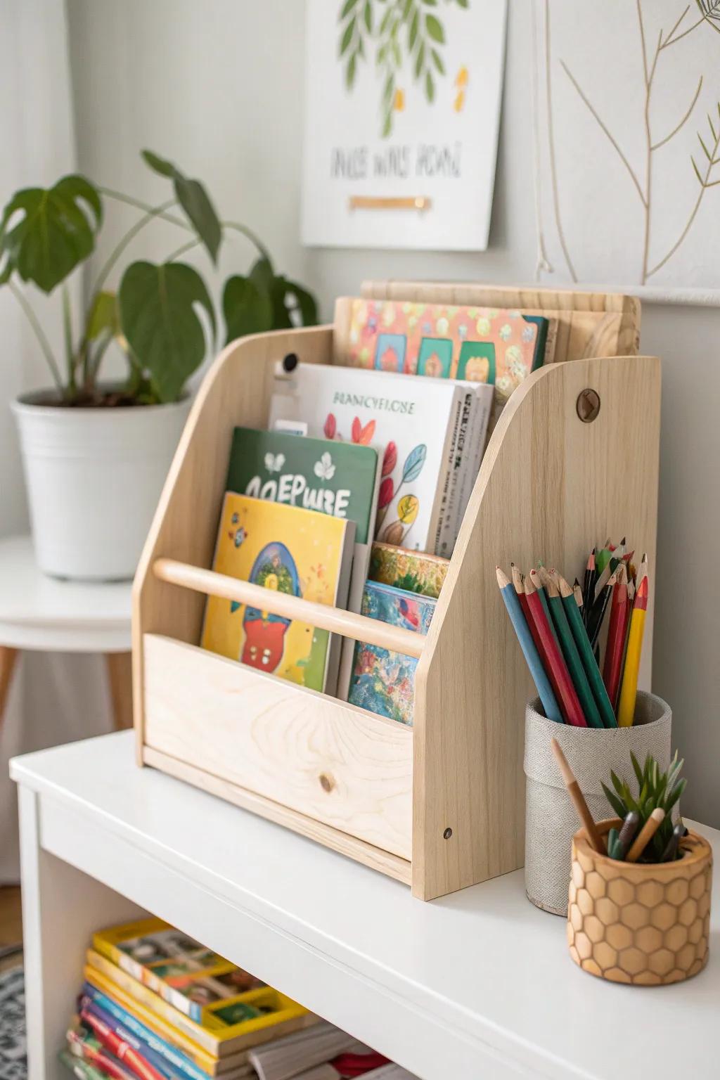 Organize creativity with style: A minimalist's dream for a kid's art corner.