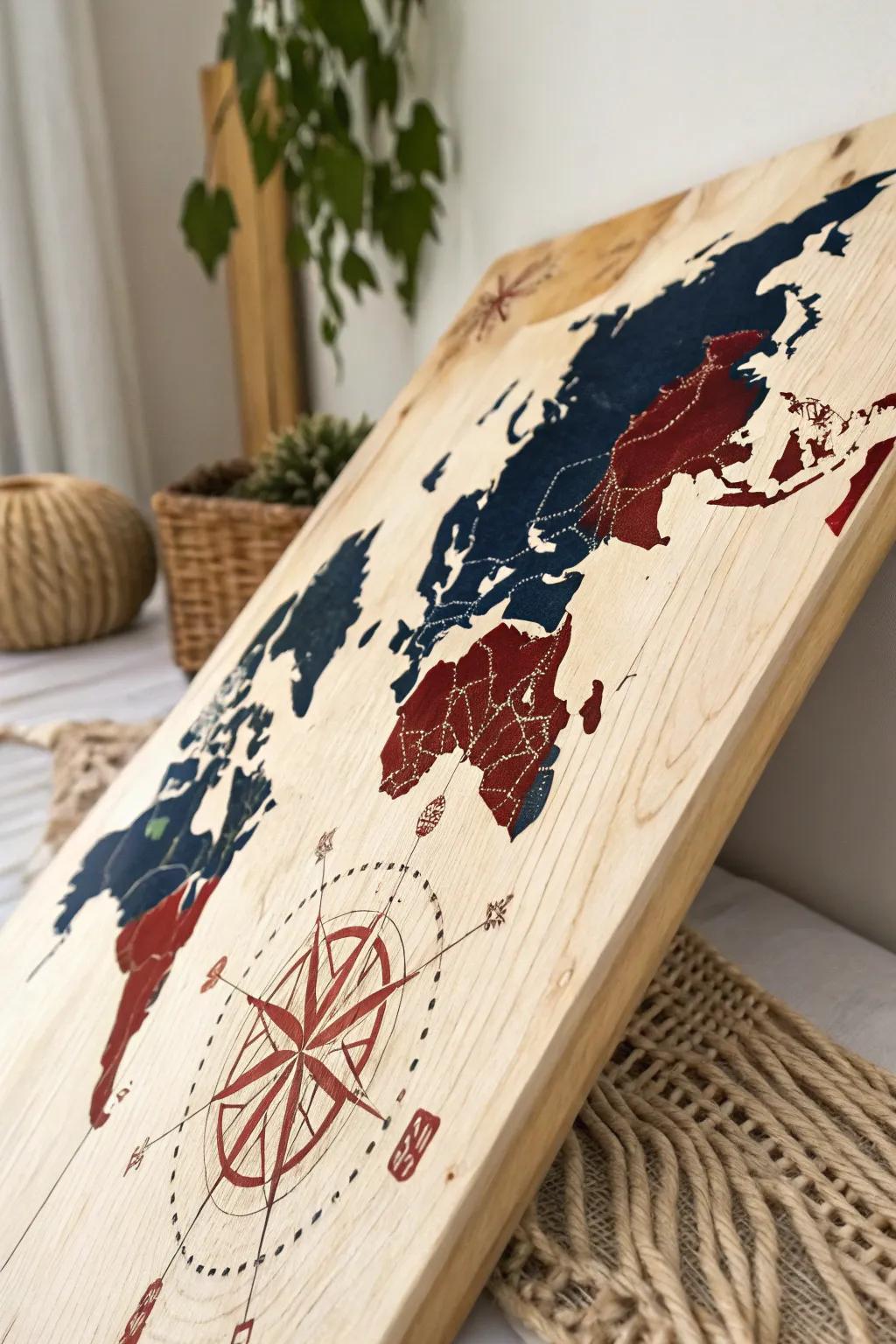 Embark on your next journey with this stunning vintage map on wood, perfect for charting your adventures in style.