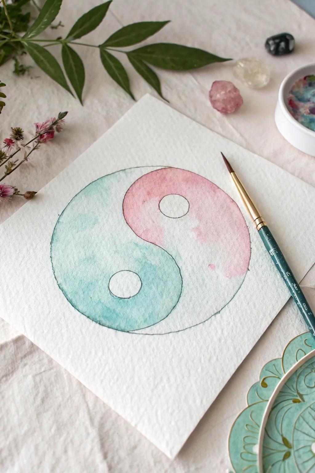 Explore the serene beauty of watercolor whimsy with this dreamy yin yang creation. Perfect for those who love the harmony of minimalist and Boho styles.