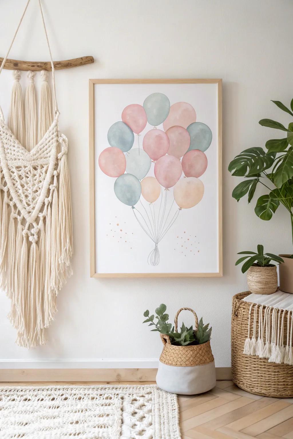 Let your imagination soar with this whimsical 'Balloon Adventure' poster, perfect for adding a touch of joy and elegance to any minimalist space.