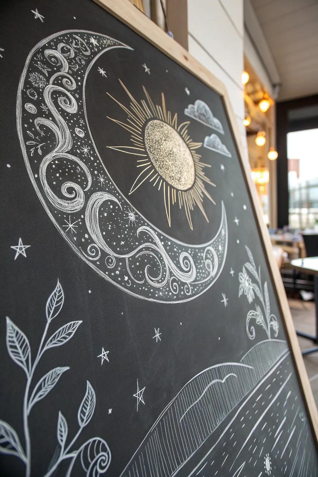 Embrace the magic of the night sky with this stunning celestial chalk drawing, where simplicity meets the cosmos.