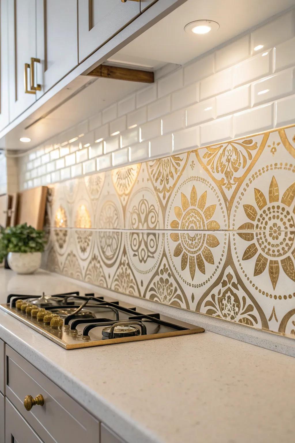 Elevate your kitchen space with shimmering metallic stencils that add a touch of luxury and elegance.