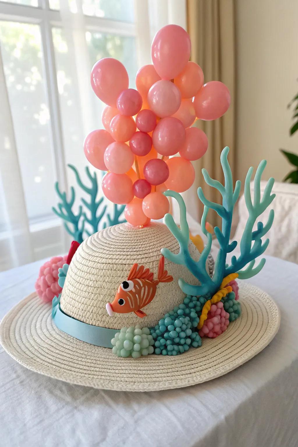 Dive into creativity with this stunning underwater-themed balloon hat, perfect for ocean lovers who appreciate minimalist elegance.