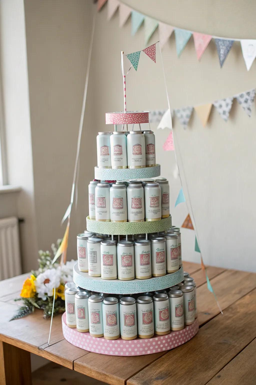 Elevate your celebration with a charming beer cake tower, adorned with playful mini flags for a personalized touch. 🎉🍻 #CraftedCelebrations