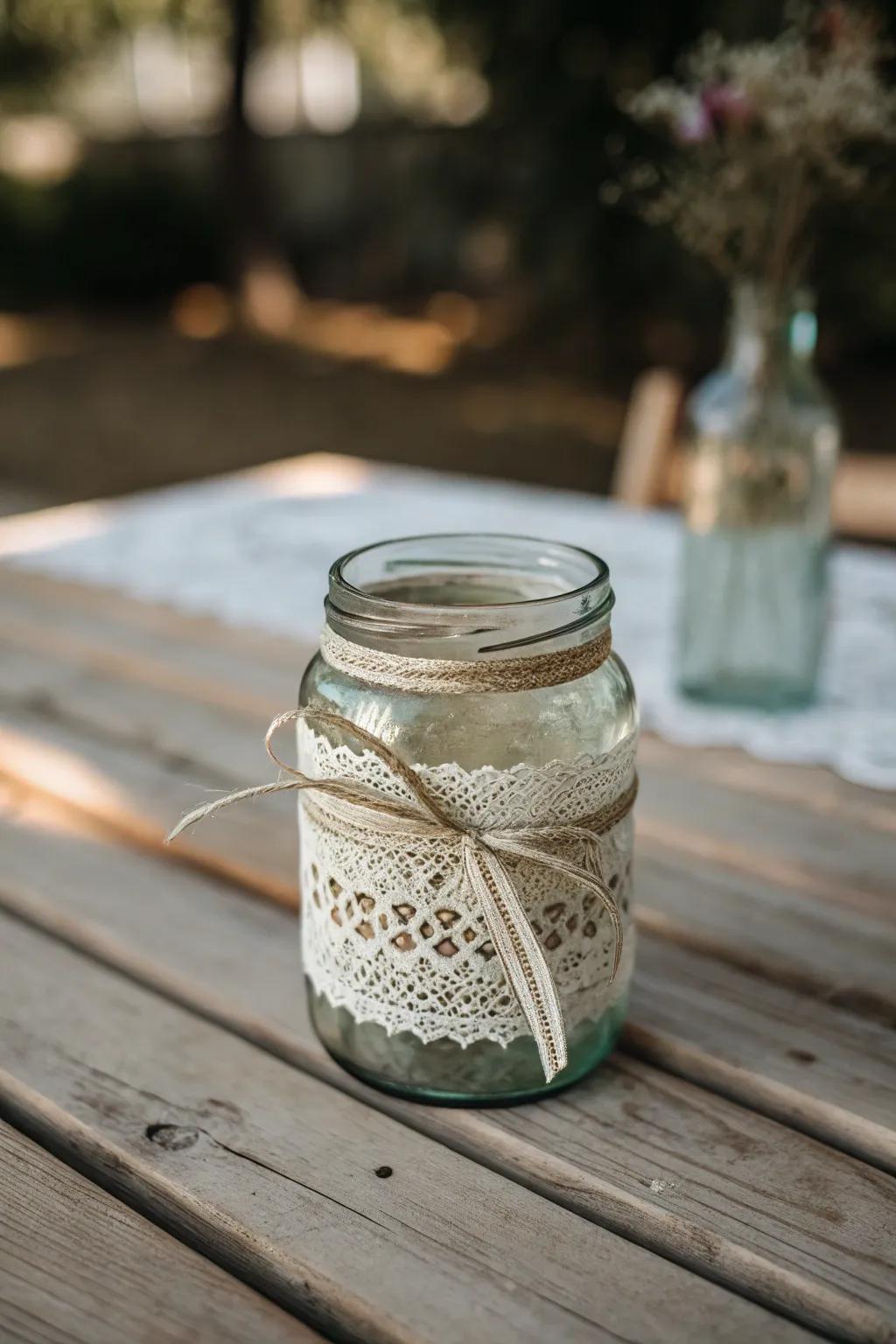 Add a touch of vintage elegance to your birthday celebrations with this charming lace-adorned mason jar tip jar.