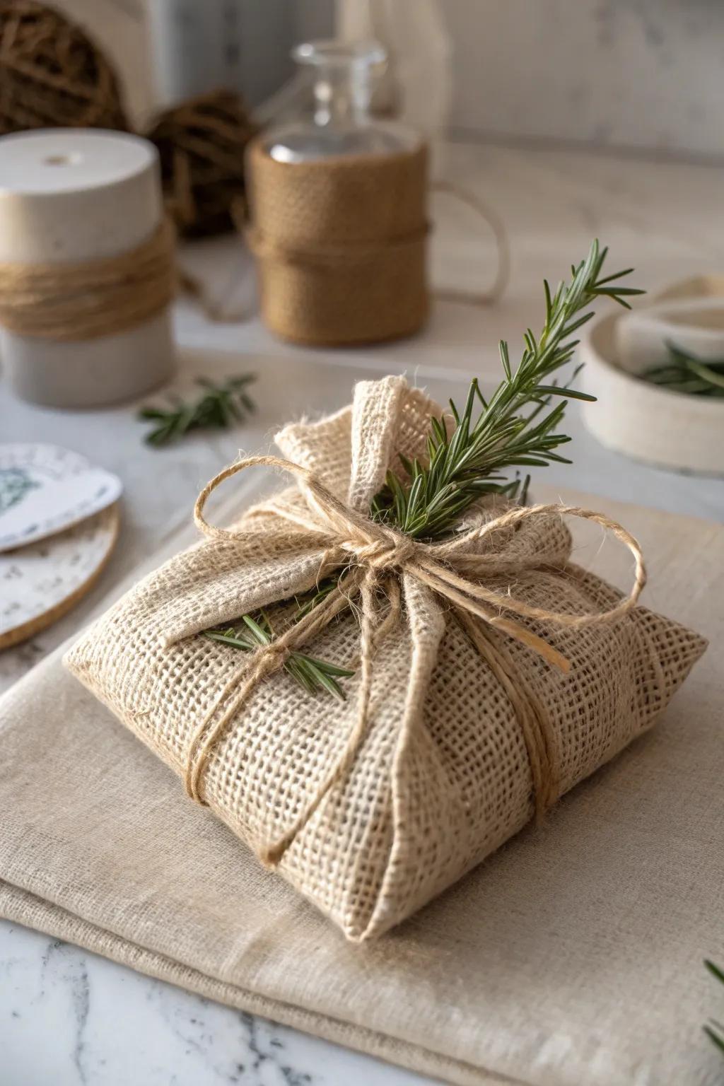 Elevate your gift-giving with eco-friendly burlap wrap – simplicity at its finest!
