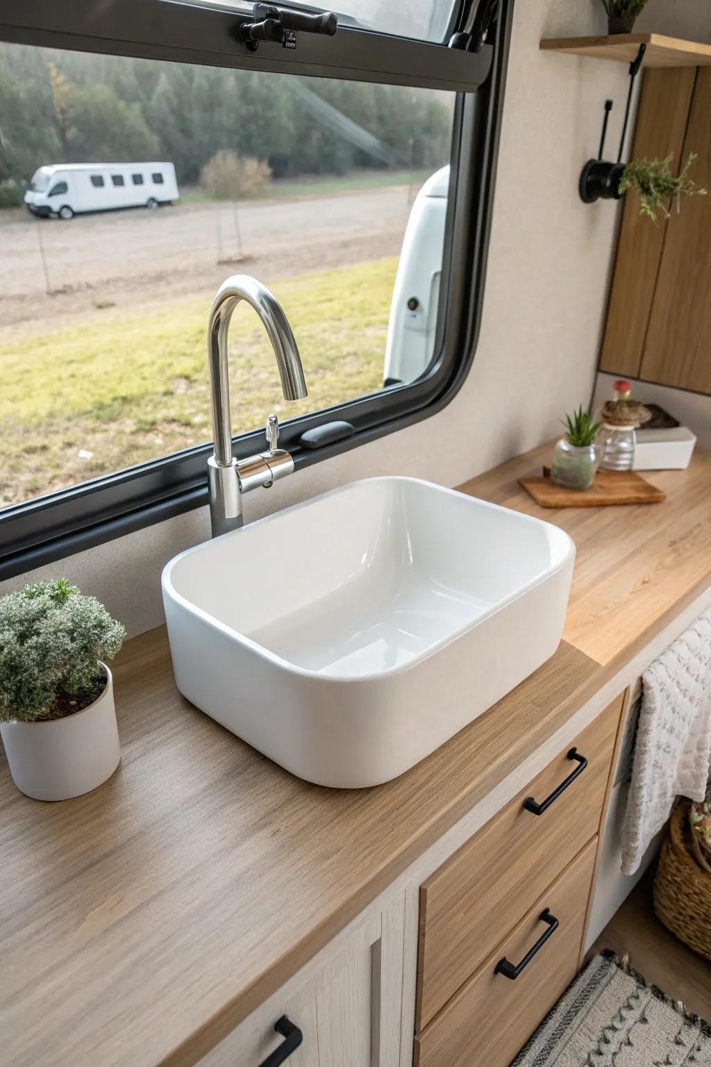 Elevate your campervan with this sleek, minimalist sink design, where modern aesthetics meet natural beauty.