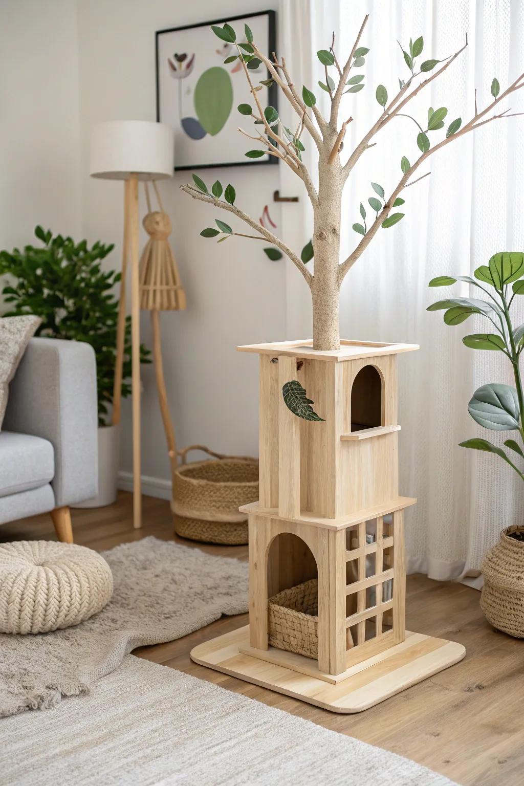 Transform your cat's space into a whimsical forest retreat with this tree-inspired condo design.