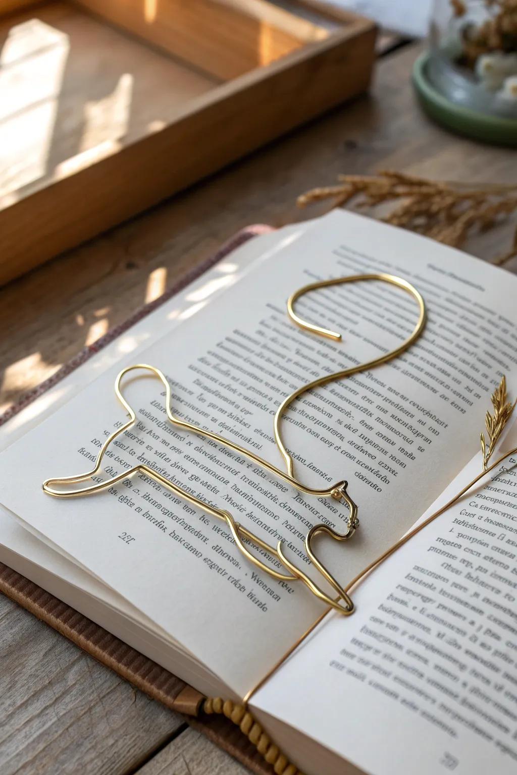 Elegant cat-shaped wire bookmark: a touch of minimalist charm for your reading nook.