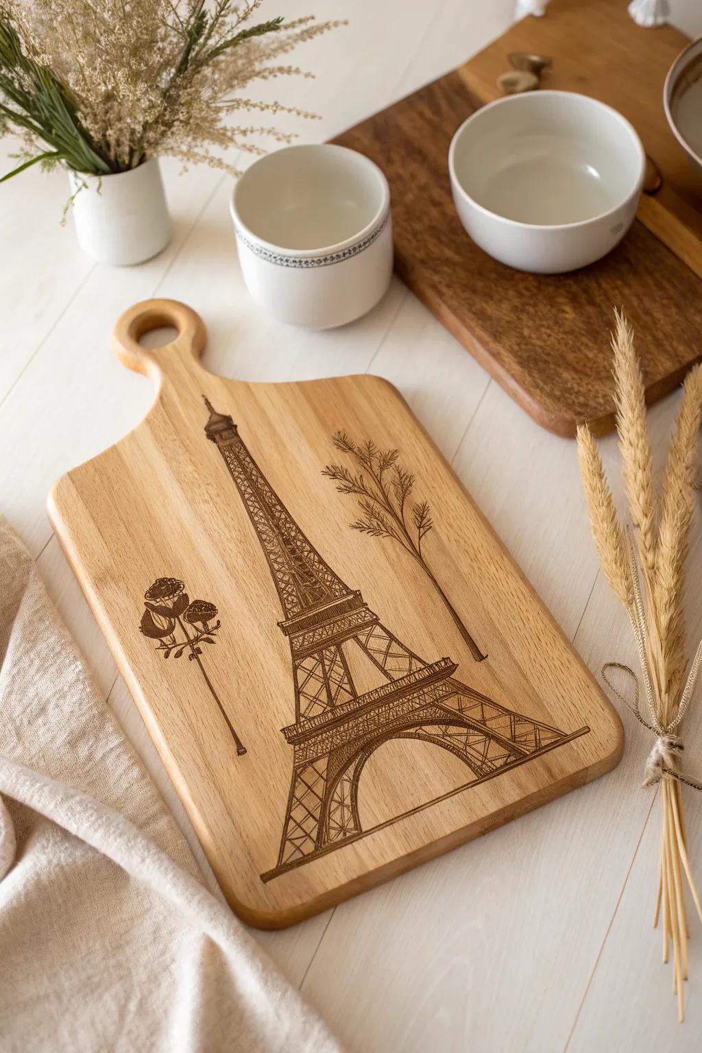 Travel back to Paris with every serving - a charcuterie board engraved with the iconic Eiffel Tower.