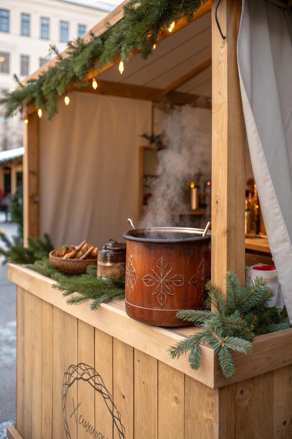 Warm up your senses with the inviting aroma of mulled wine at this charming Christmas market stall.