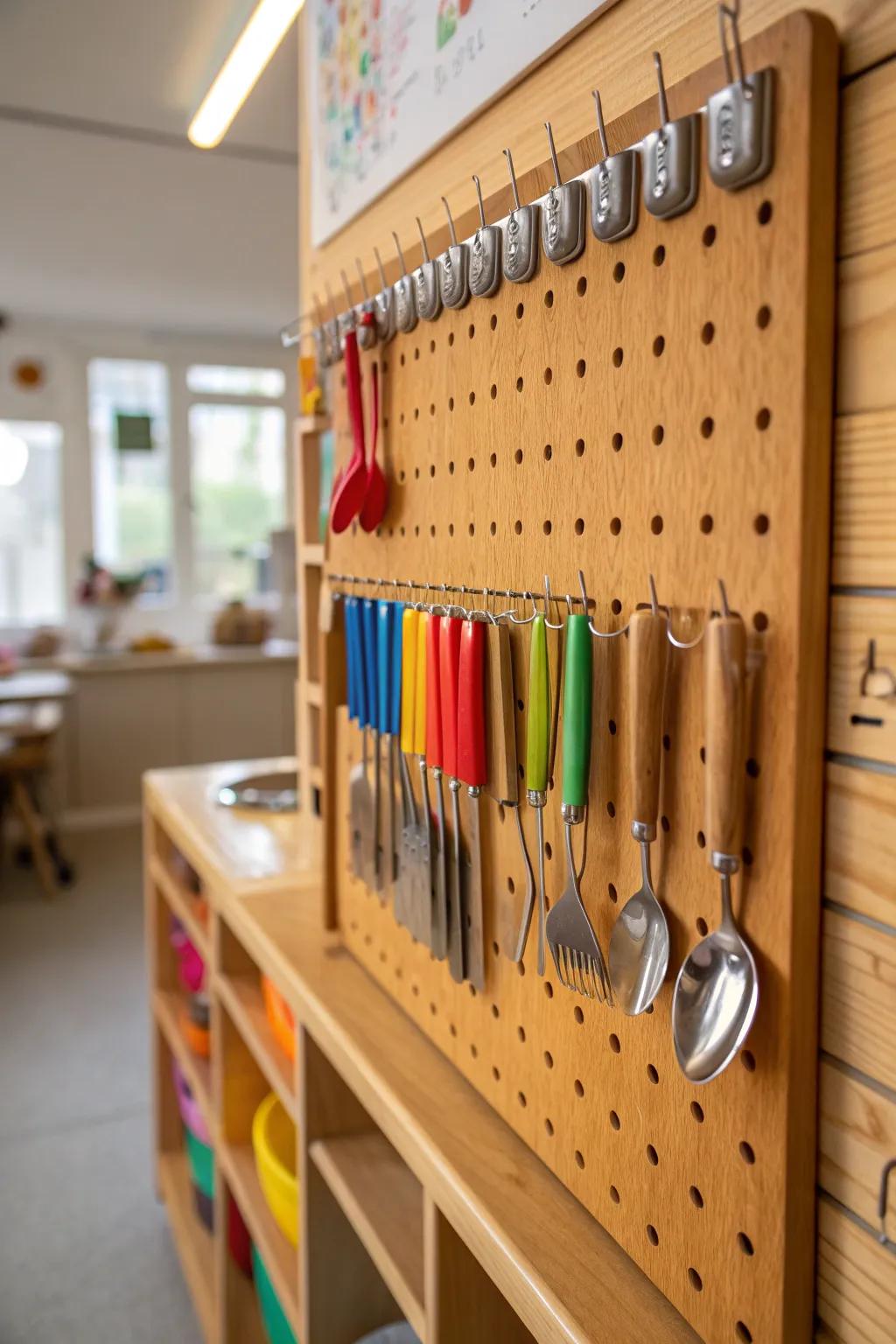 Elevate classroom organization with a stylish and functional utensil pegboard station.