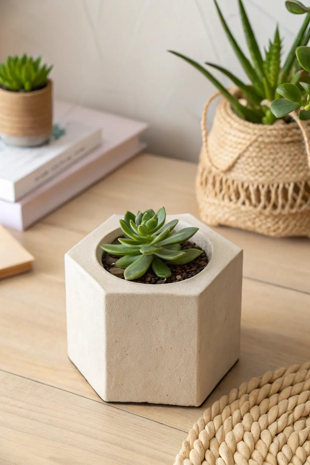 Embrace modern elegance: a geometric clay planter that combines structure with natural beauty.