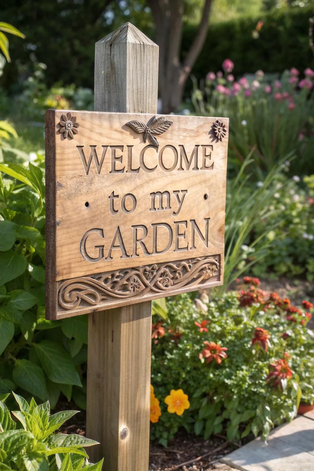 Welcome to tranquility: A handcrafted sign that transforms your garden into a serene retreat.