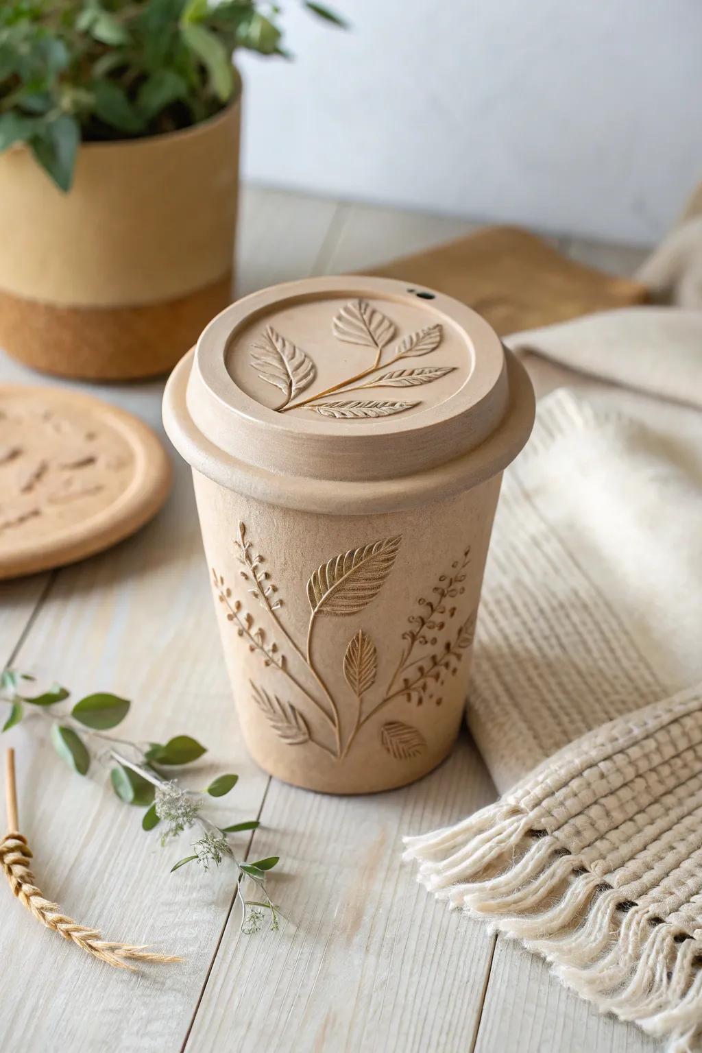 Embrace nature's touch with handcrafted leaf-imprinted coffee cup lids, perfect for a serene, minimalist space.