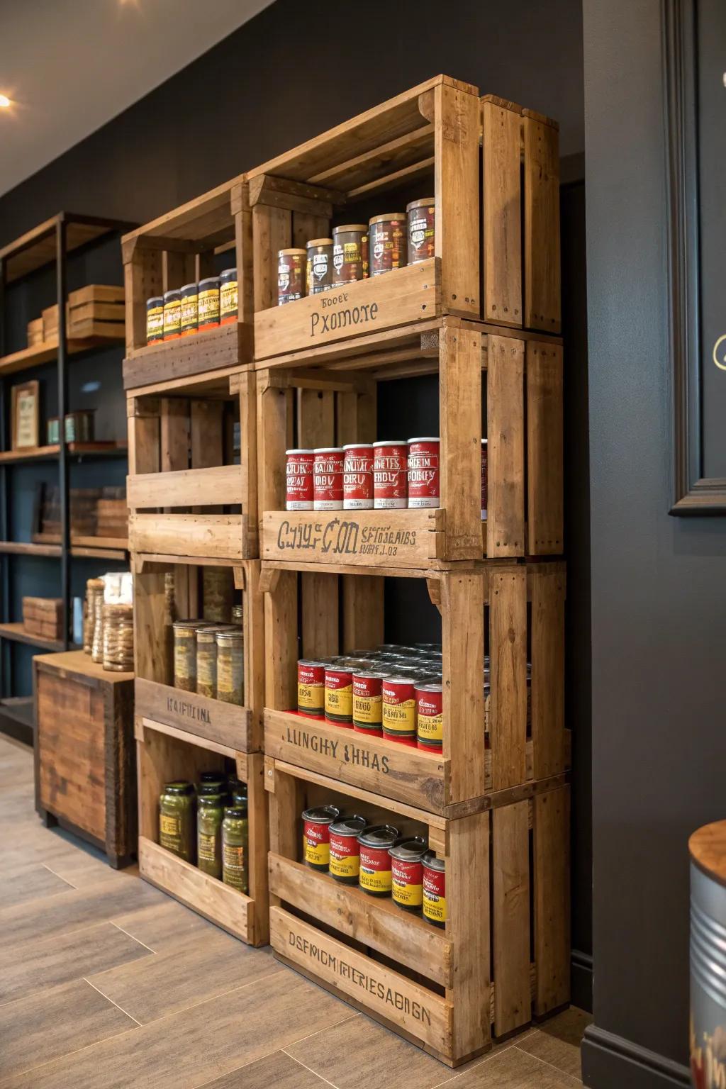 Transform your pantry into a masterpiece of organization with handcrafted crate shelves.