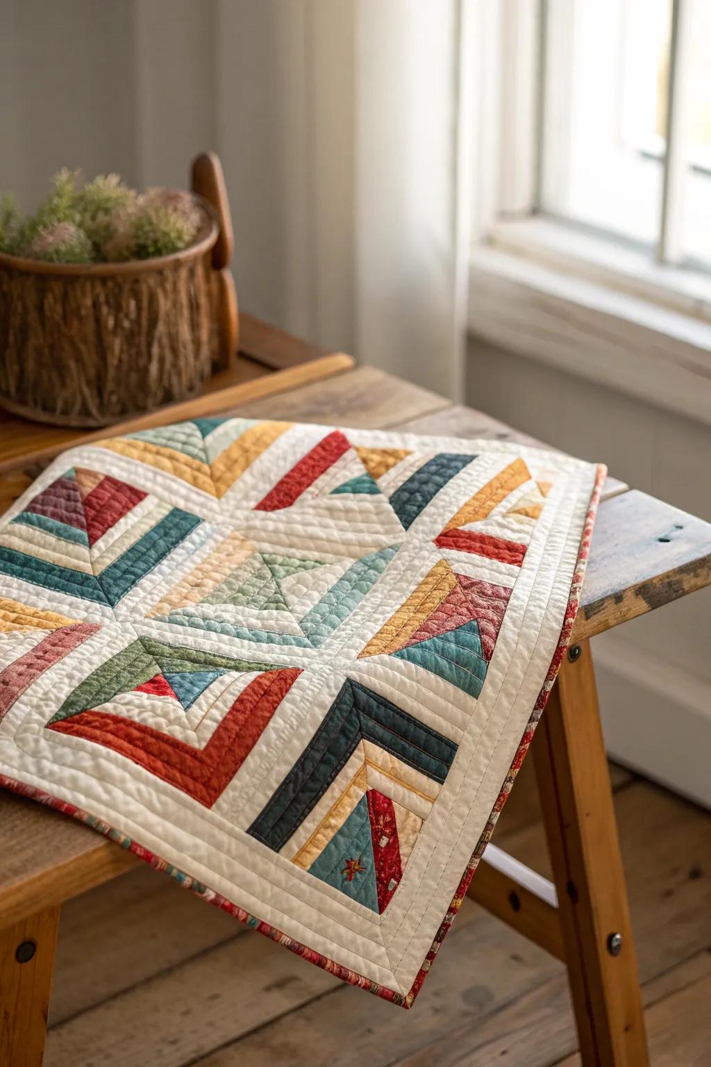 Embrace the charm of imperfection with a wonky log cabin quilt block, where each angle tells a unique story.