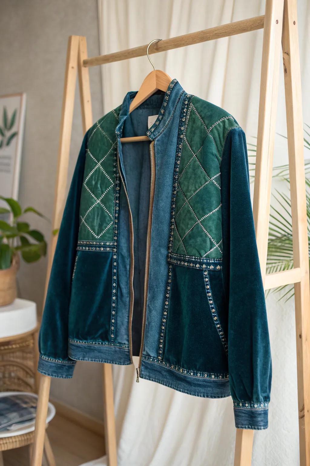 Discover the art of texture with this stunning denim and velvet jacket.