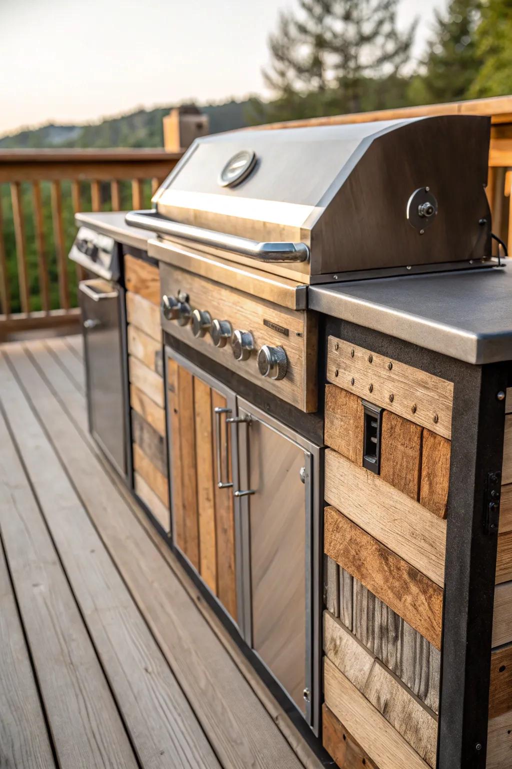 Sustainable style meets modern grilling: a masterpiece of reclaimed wood and recycled metal.