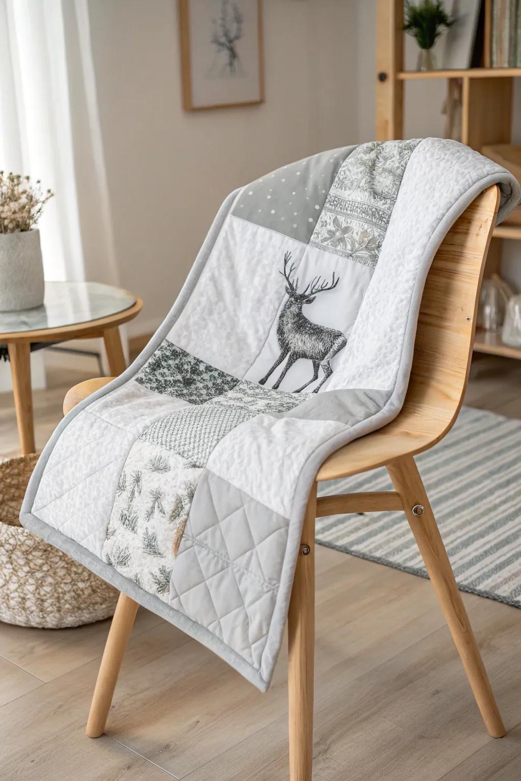 Embrace Monochrome Elegance: A Deer Panel Quilt in Sophisticated Shades of Grey.
