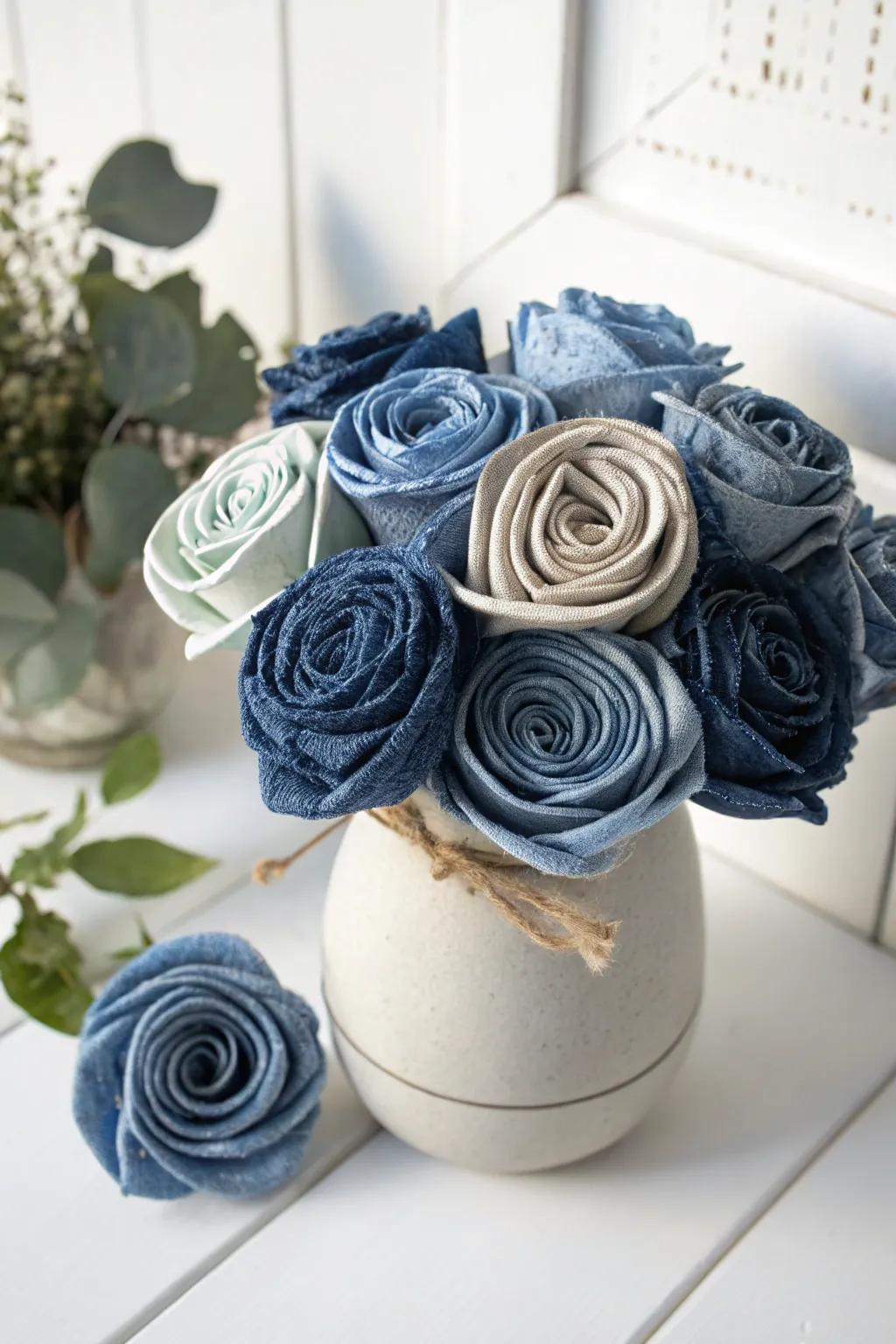 Elevate your table decor with a chic denim rosette bouquet – where sustainability meets Scandinavian elegance.