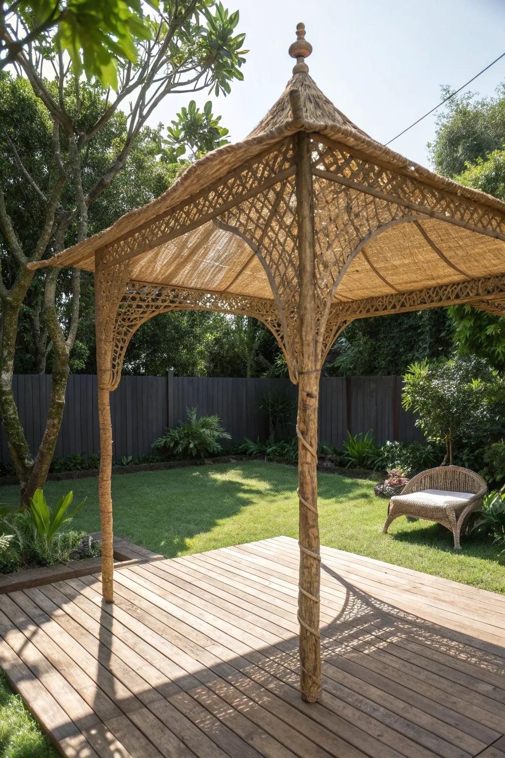 Elevate your outdoor space with a handcrafted woven canopy that blends rustic charm with functional beauty.