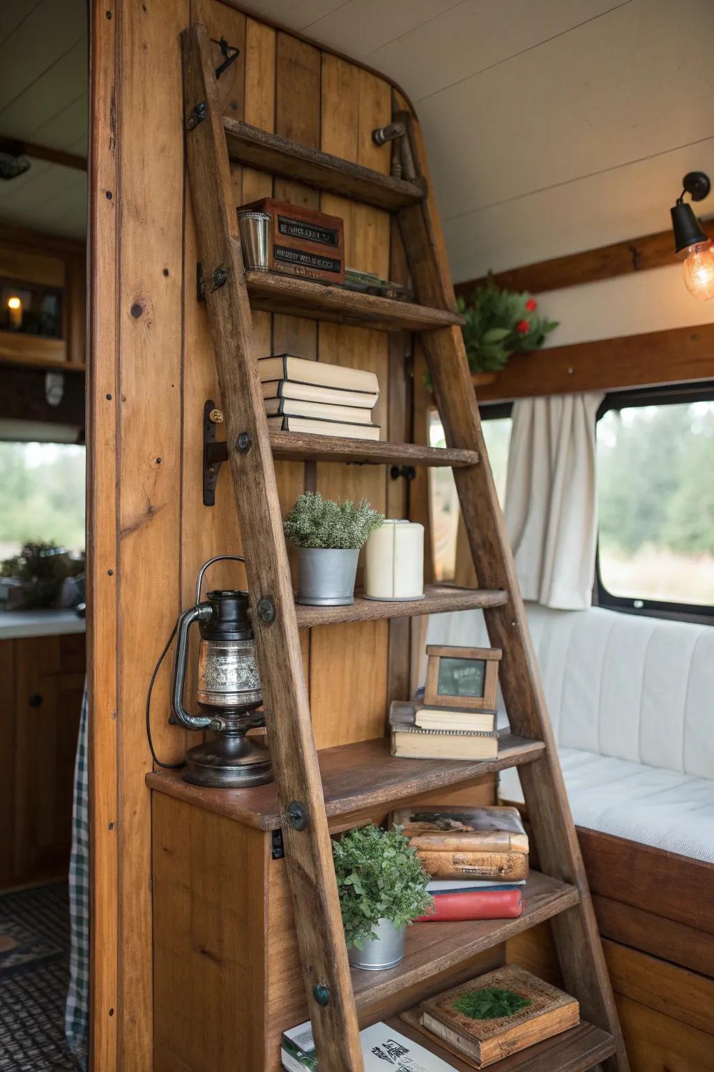 Transform your camper with upcycled charm: a ladder with a new purpose.
