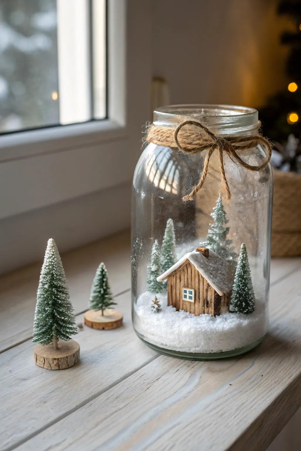 Capture the magic of winter with this enchanting miniature holiday scene in a jar. Perfect for adding a touch of handcrafted charm to your festive decor.