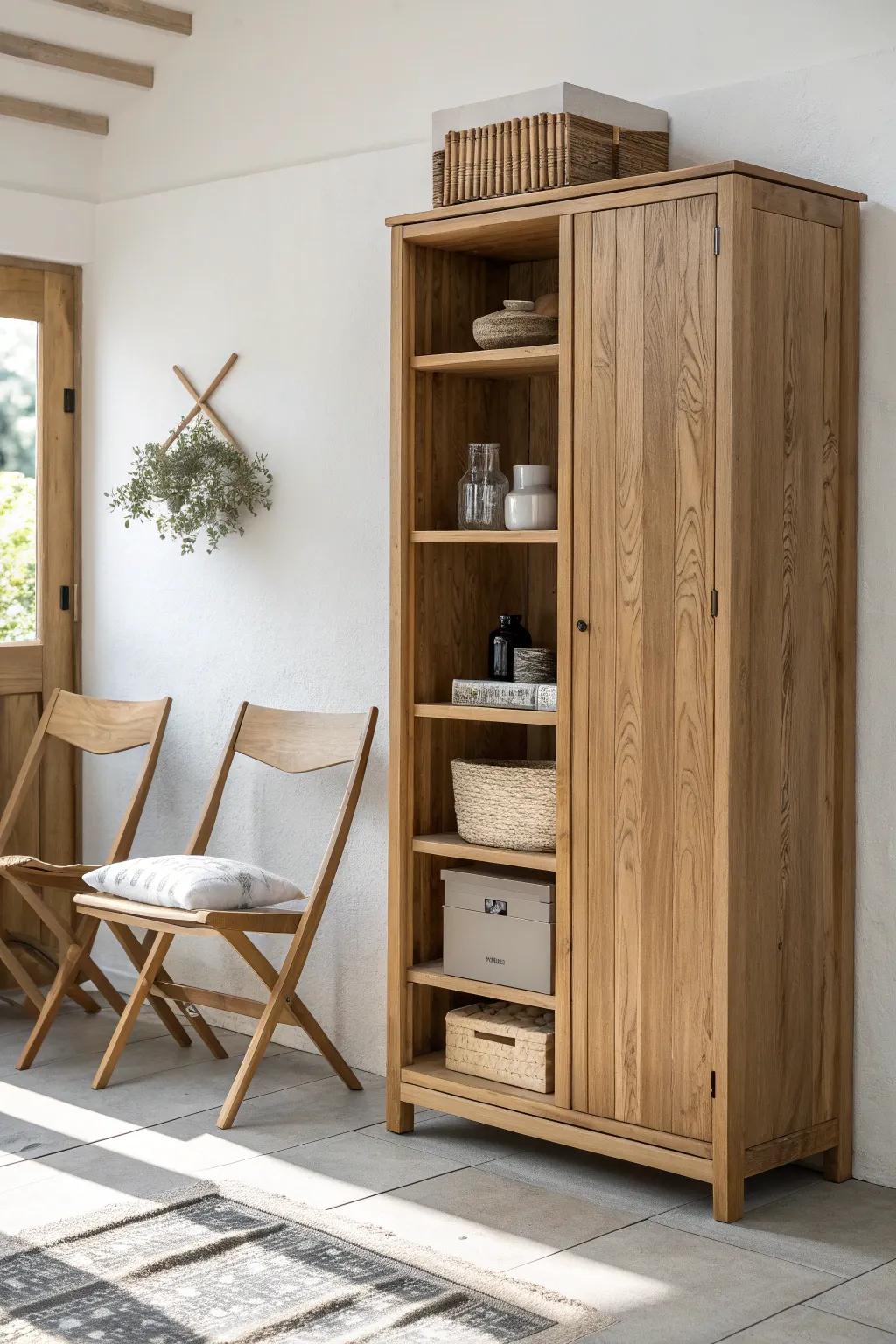 Maximize your space with this elegant dual-purpose storage solution for folding chairs!