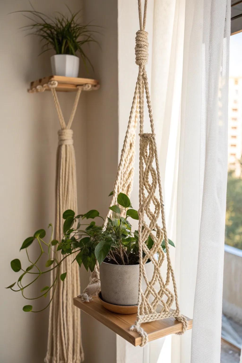 Elevate your space with a touch of boho elegance—discover the art of macrame shelving.