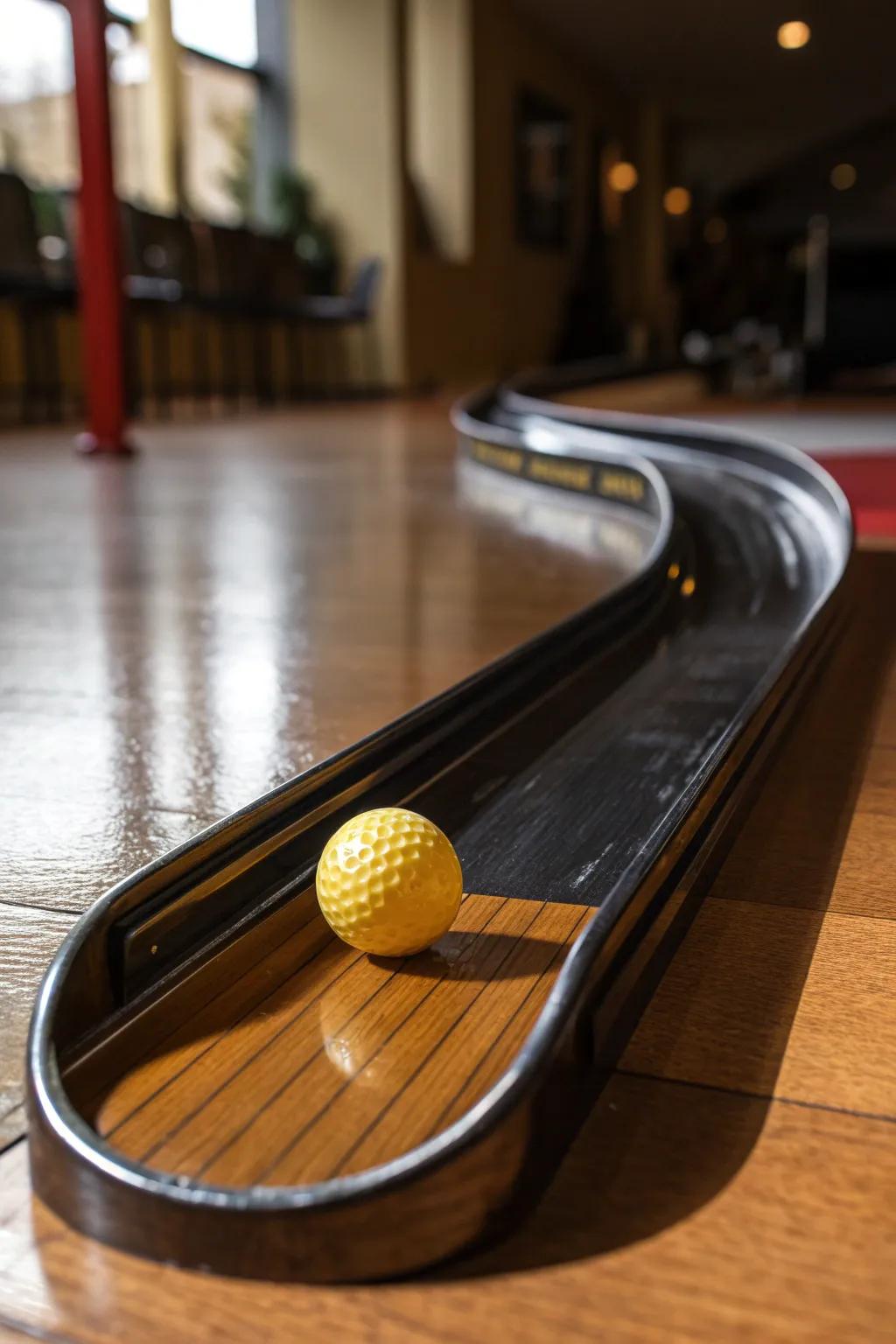 Elevate your indoor mini golf with a handcrafted plastic gutter ramp that adds a twist to every shot.