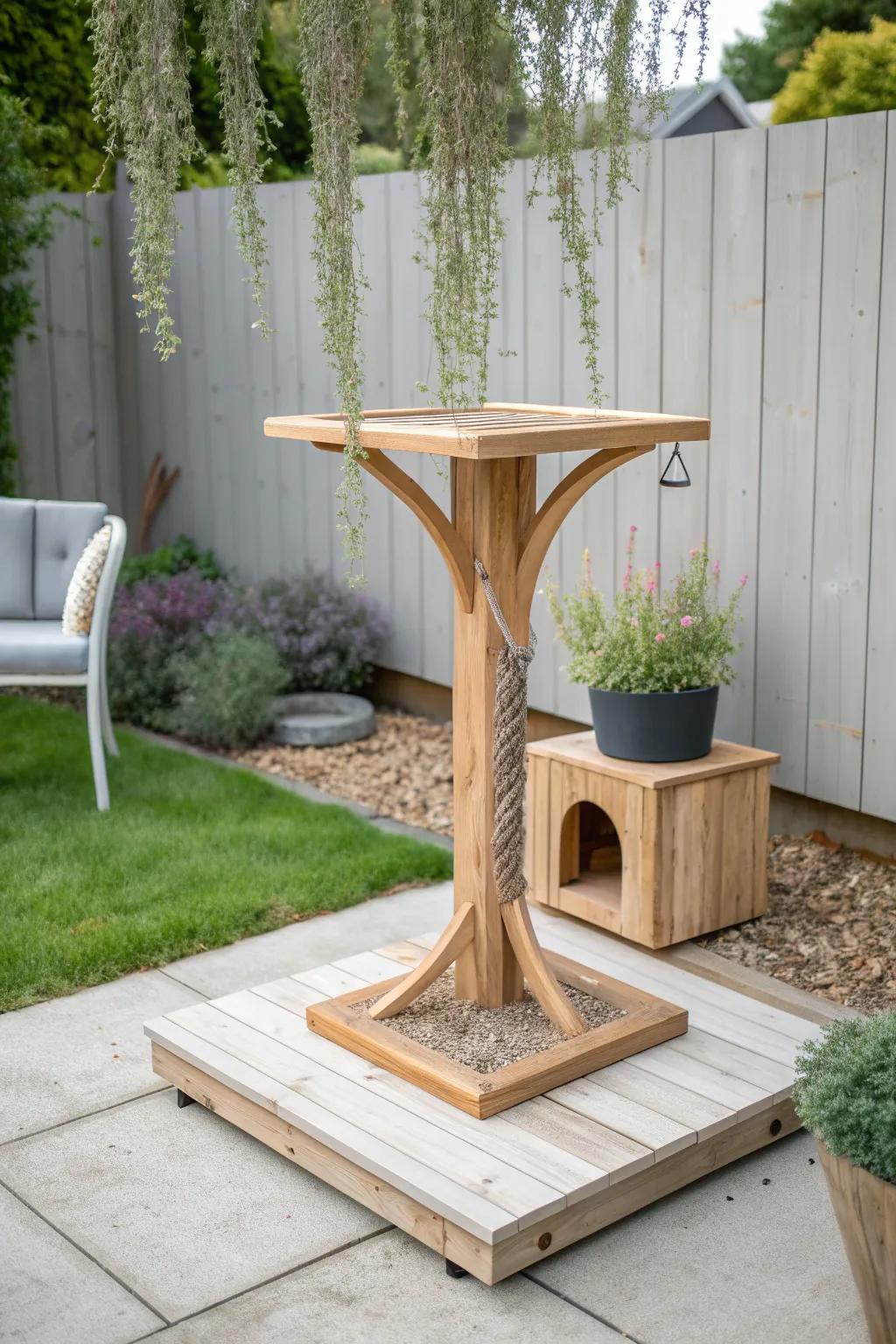 Stay stylish and prepared: A waterproof base for your outdoor cat tree, blending craftsmanship with nature's charm.